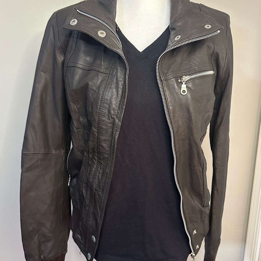 Dark Brown Leather Jacket with Stand-Up Collar